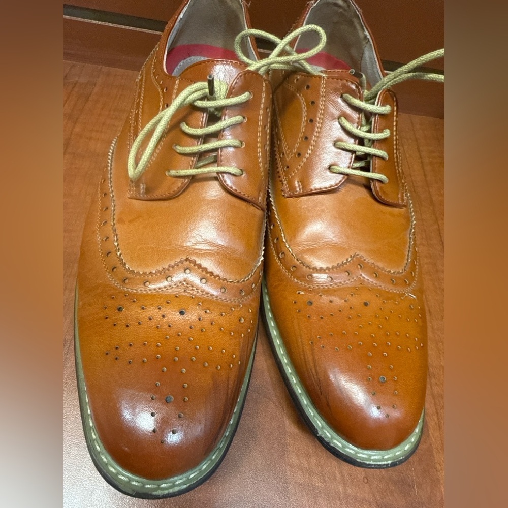 BRUNO MARKS Men's Cognac Leather Brogue Derby Shoes - Picture 3 of 6